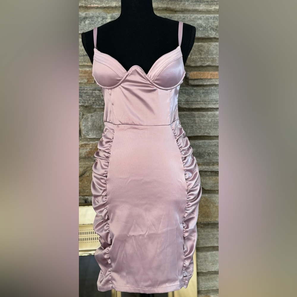 NWOT Satin Ruched Bustier Underwire Mini Dress: Lilac; Size Small